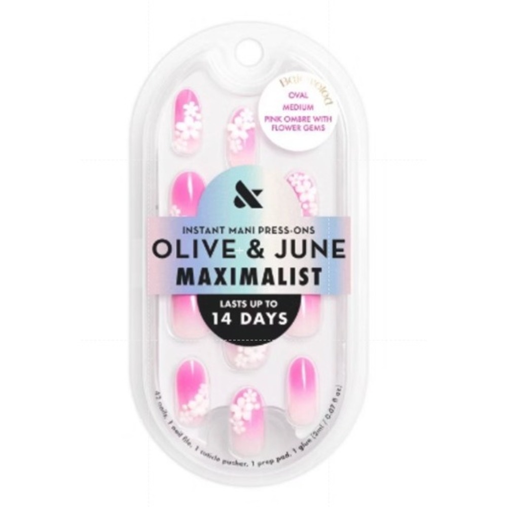 Olive and June Bejeweled Oval Medium Pink Ombre Press On Nails Flower Gems 32ct
